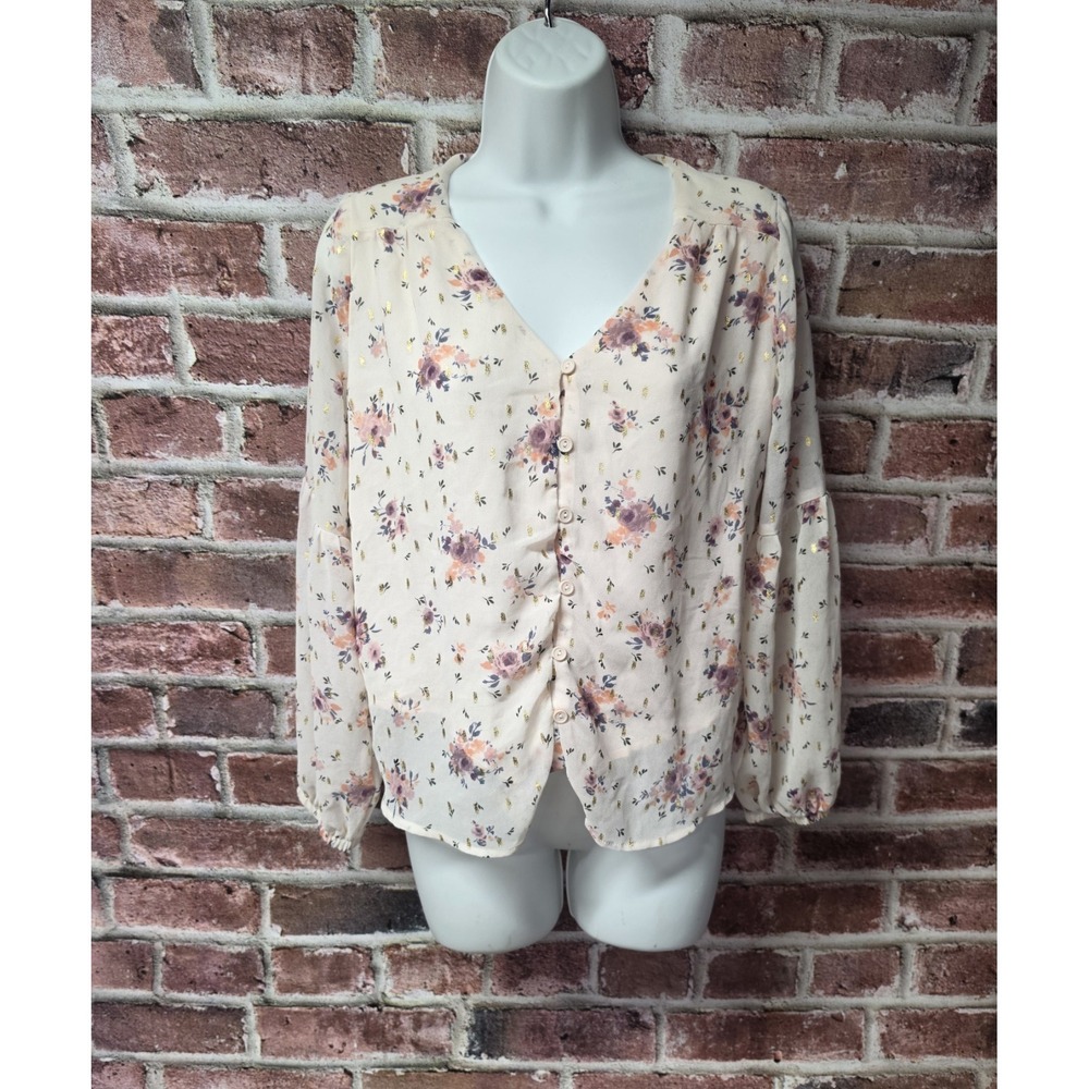 Women's EVERLY Pink Floral Bell Sleeves Sheer Blouse Small